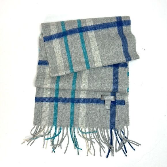 Charter Club Cashmere Scarf Gray Blue Plaid with Fringes Women’s Men’s - Picture 2 of 9